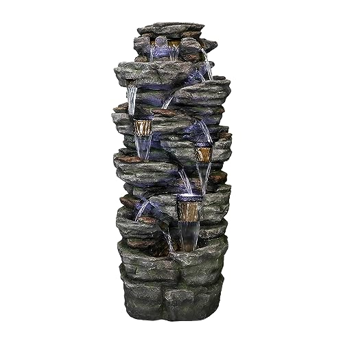 Large Outdoor Water Fountain - 47" H 9-Tier with LED Light, Resin Waterfall for Patio Garden Decor O9007