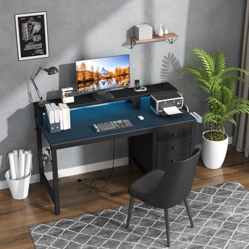 Gaming Desk with LED Lights and Power Outlets, 47 Inch Computer Desk with Fabric Drawers U2584