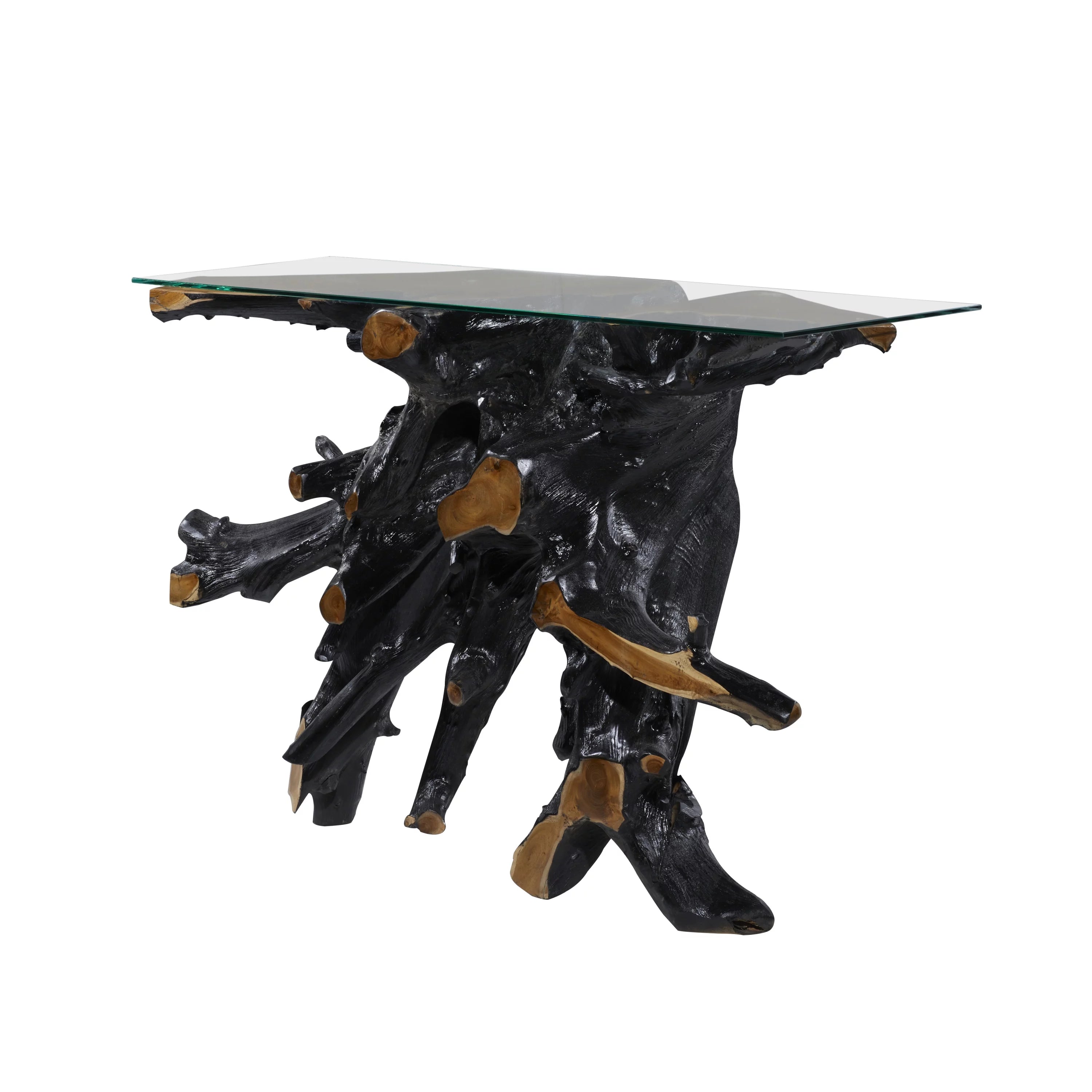 Black Teak Wood Live Edge Console Table with Clear Glass Top X4060