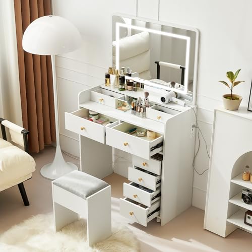 Vanity Desk with Mirror and Lights, Makeup Table with Drawers and Stool B20199