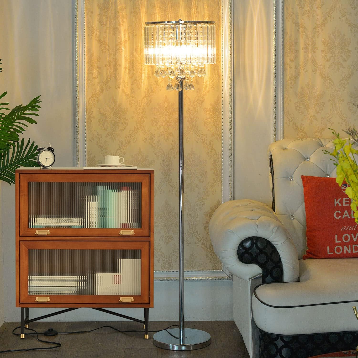 Crystal Floor Lamp with Foot Switch, 3-Light Standing Light for Living Room E9830