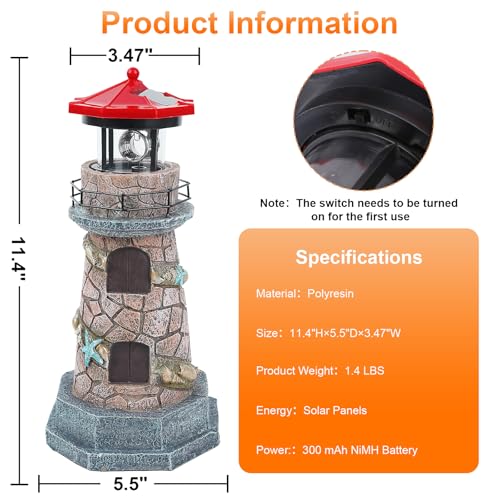 Solar Lighthouse with Rotating Beacon, 11.5" Outdoor Garden Decor R790
