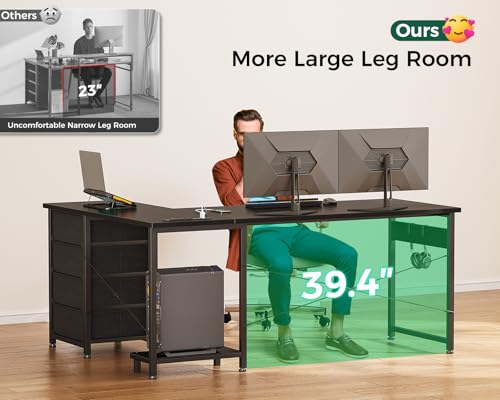 L Shaped Desk with 4 Tier Drawers, Power Outlets & USB, Corner Computer Desk with CPU Stand U4256