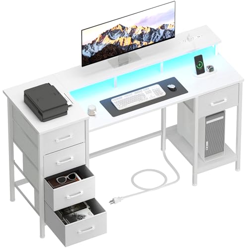 47 Inch Computer Gaming Desk with Power Outlets LED Lights and Storage Drawers I77165
