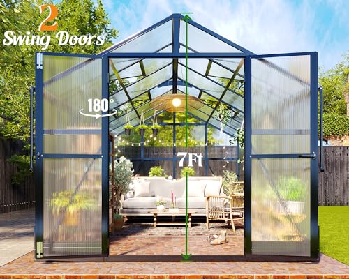 8x12 FT Polycarbonate Walk-in Greenhouse with 2 Swing Doors A36734