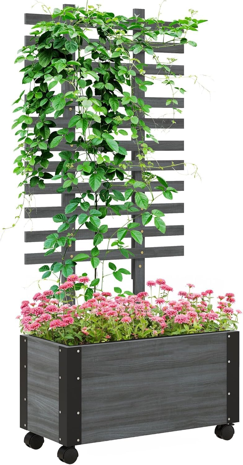 Raised Garden Bed with Trellis, 58" Outdoor Wooden Planter Box with Wheels, for Vine Plants Flowers Climbing and Planting, Gray