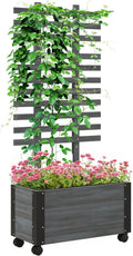 Raised Garden Bed with Trellis, 58" Outdoor Wooden Planter Box with Wheels, for Vine Plants Flowers Climbing and Planting, Gray