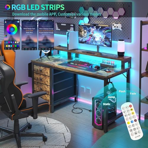 Gaming Desk with LED Lights and Power Outlets, 47 Inch Computer Desk with Fabric Drawers U2584