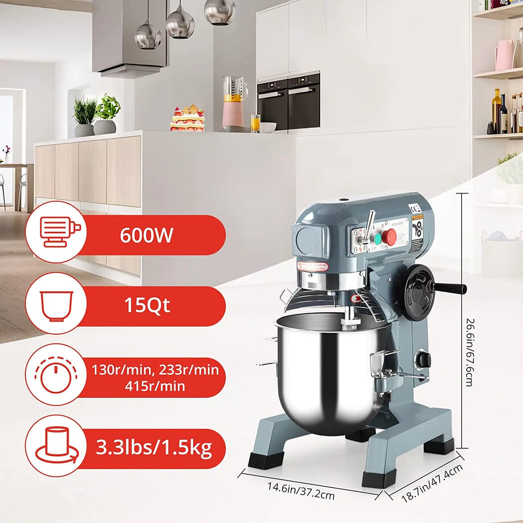 15Qt Stand Mixer, 600W, 3-Speed with Stainless Steel Bowl U814859