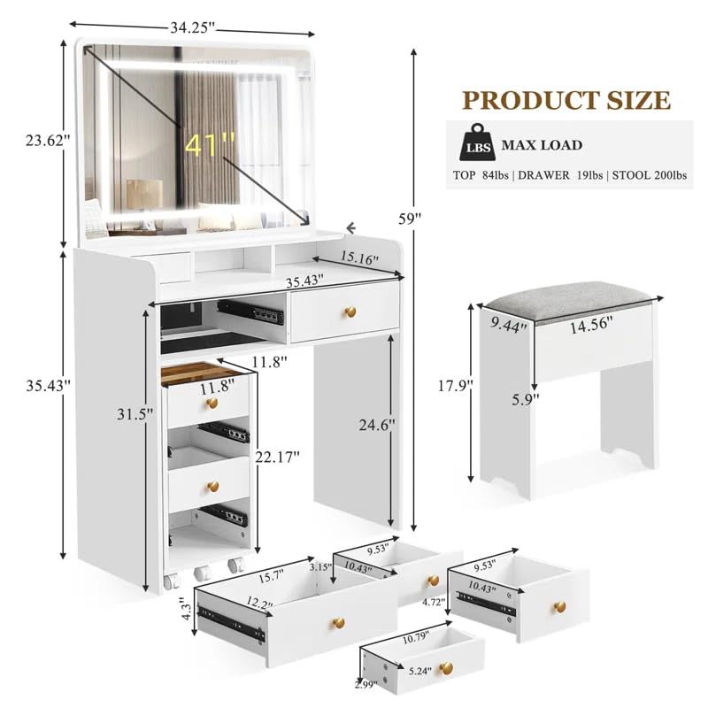 Vanity Desk with Mirror and Lights, Makeup Table with Drawers and Stool B20199