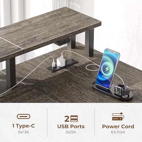 L Shaped Desk with File Drawers, Power Outlet & LED Lights, Corner Computer Desk with Monitor Stands Z425