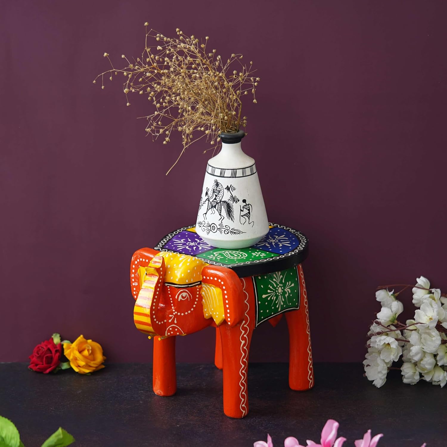 Handcrafted Painted Wooden Elephant Stool Table, Medium F6590
