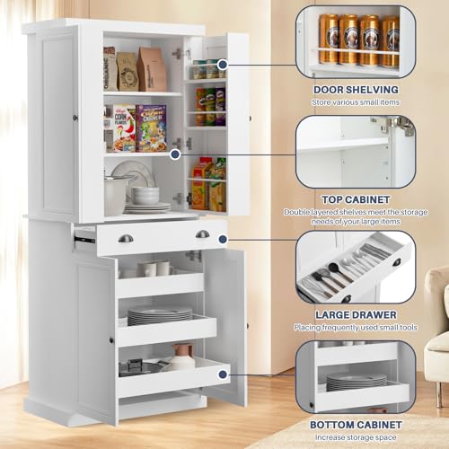 Kitchen Pantry Cabinet with 4 Doors and 1 Drawer, Freestanding Storage Cupboard L190261