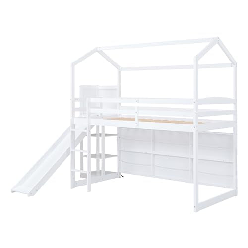 Wood House Loft Bed Frame with Slide and Storage Shelves Z806