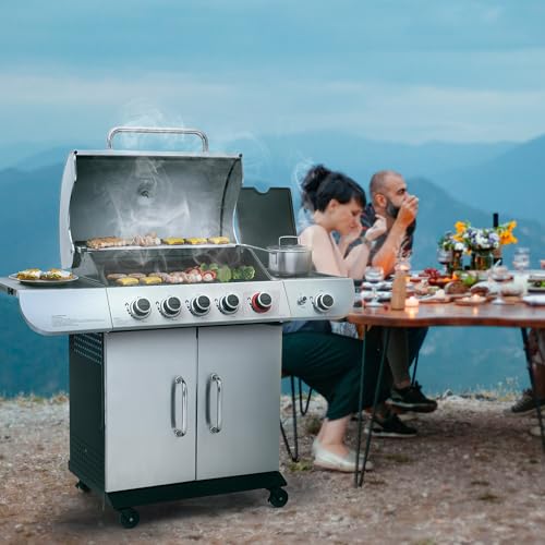 5 Burner Propane Gas Grill with Side Burner & Sear Burner, Stainless Steel, 61,000 BTUs for Outdoor Cooking J44613