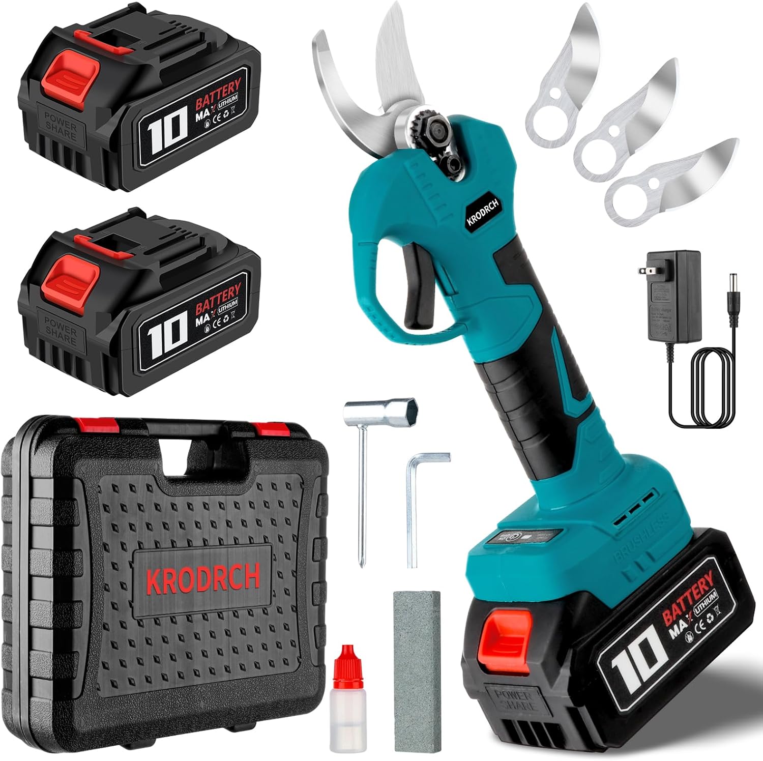 Electric Pruning Shears Cordless Electric Scissors, Tree Branch Pruner with 2 PCS Rechargeable 2.6Ah Lithium Battery and 3 Blades, 25mm(1in)Cutting Diameter, Krodrch compatible for battery Makita 18V