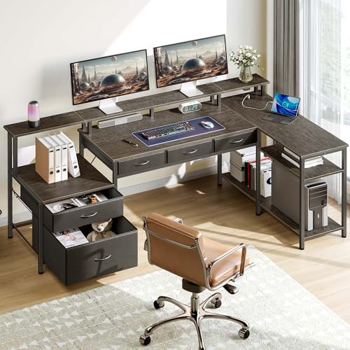 L Shaped Desk with File Drawers, Power Outlet & LED Lights, Corner Computer Desk with Monitor Stands Z425