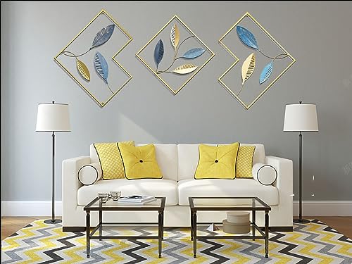 PITI Iron Wall Sculptures - Set of 3 Metal Wall Art Decor for Bedroom Living Dining Room Home Office Decoration Wall Hangings DIY Gift(blue+gold)