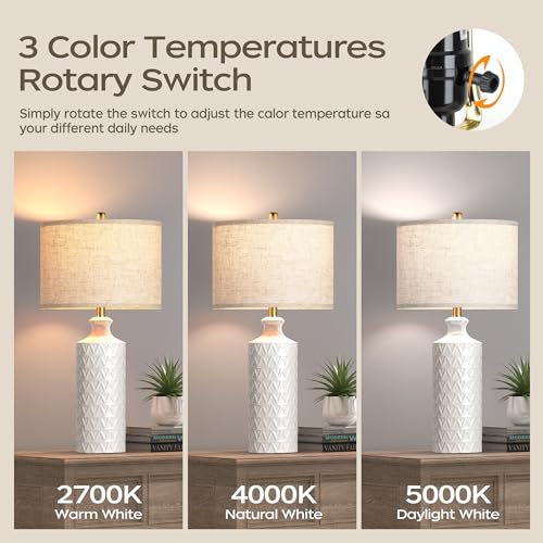 Farmhouse Ceramic Table Lamp Set of 2, 25" White Bedside Lamp with 3-Color LED Bulbs C7923