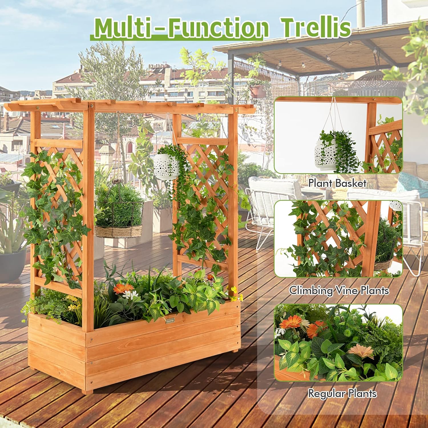 Raised Garden Bed with Trellis, Wood Planter Box with Drain Holes V4144