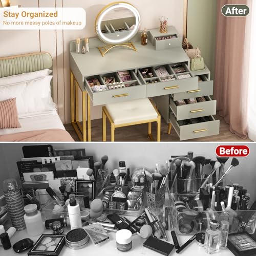 White Vanity Desk with Mirror and Lights, 6 Drawers and Stool Z334