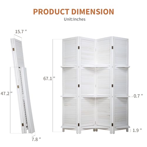 Room Divider 4 Panel Folding Wood 5.6 Ft Tall Privacy Screen with Three Shelves Y8638