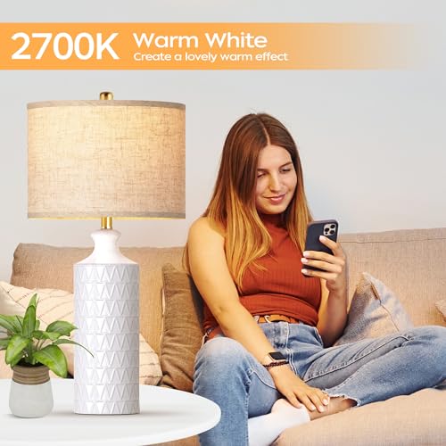 Farmhouse Ceramic Table Lamp Set of 2, 25" White Bedside Lamp with 3-Color LED Bulbs C7923