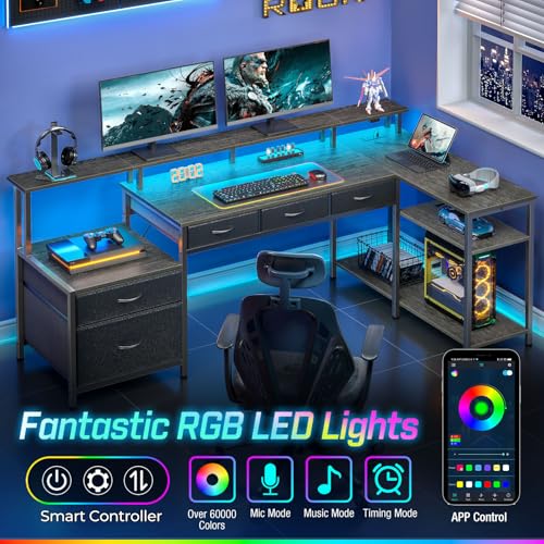 L Shaped Desk with File Drawers, Power Outlet & LED Lights, Corner Computer Desk with Monitor Stands Z425