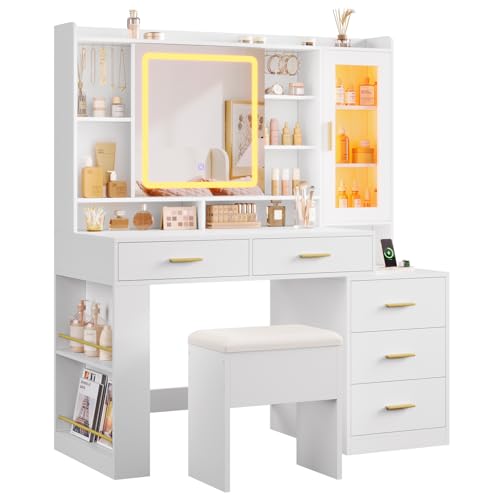 Makeup Vanity Desk with Sliding LED Mirror and Drawers I383