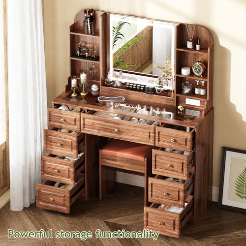 Makeup Vanity Desk with Mirror and Lights, Glass Top, 9 Drawers M5813