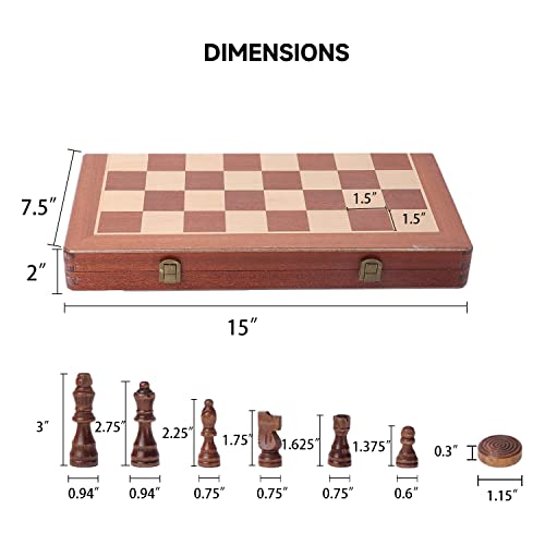 16" 3-in-1 Wooden Folding Chess, Checker & Backgammon Board Game Set L259