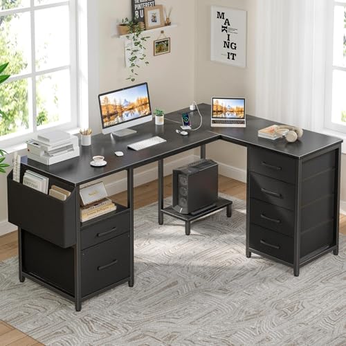 L Shaped Gaming Desk with Storage Drawers and Power Outlets I94529