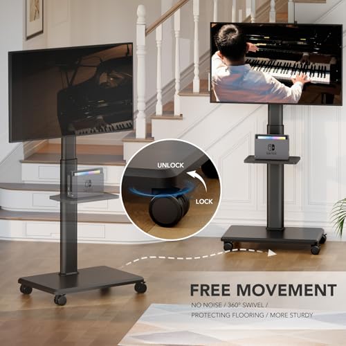 Rolling Floor TV Stand with Wheels, Height Adjustable for 27-65 Inch TVs B690
