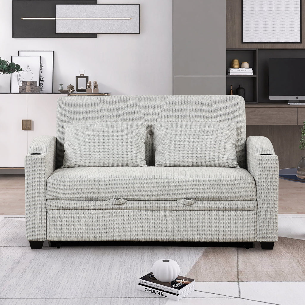 65" Pull Out Sofa Bed Modern Chenille Convertible Loveseat Sofa with Adjsutable Backrest, 2 Pillows, Cup Holders, USB Ports for Living Room, Apartment, White Gray