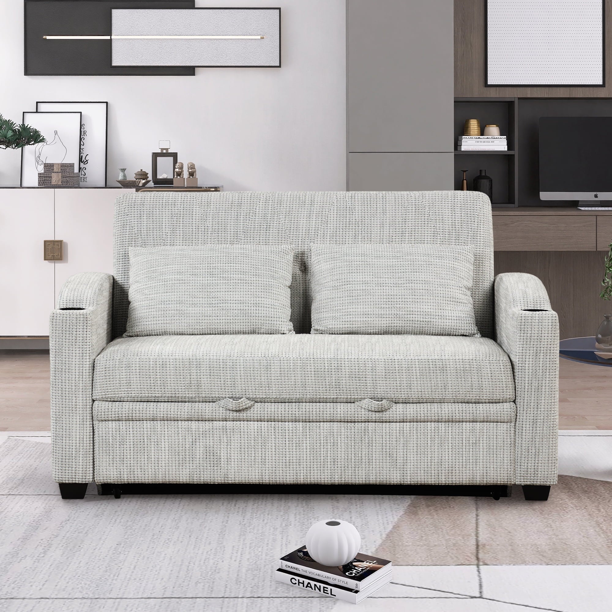 65" Pull Out Sofa Bed Modern Chenille Convertible Loveseat Sofa with Adjsutable Backrest, 2 Pillows, Cup Holders, USB Ports for Living Room, Apartment, White Gray