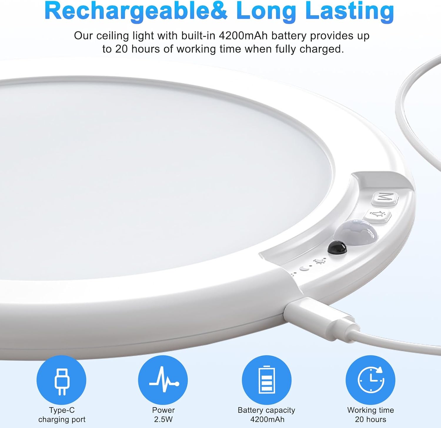 Motion Sensor Rechargeable Ceiling Light, 7.5 Inch 6500K, 3 Colors Dimmable with Remote G819