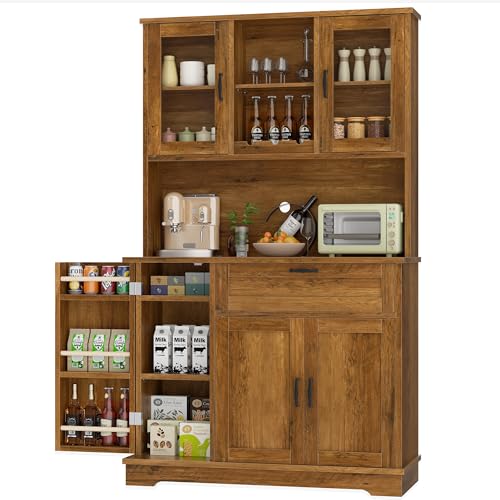 Freestanding Kitchen Pantry Cabinet with Microwave Stand, 4 Doors, Adjustable Shelves and Wine Rack C21265