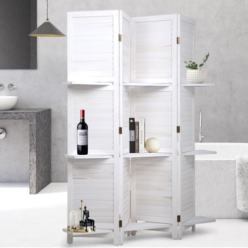 Room Divider 4 Panel Folding Wood 5.6 Ft Tall Privacy Screen with Three Shelves Y8638