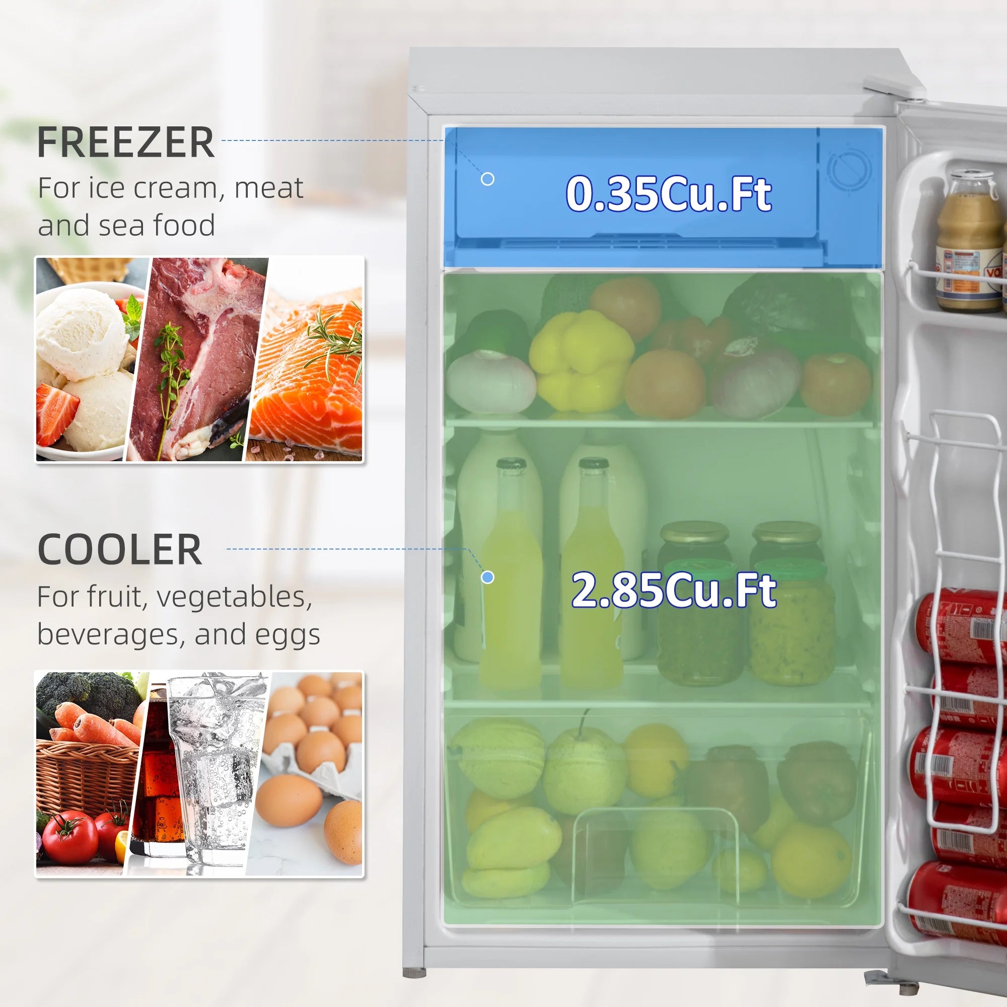 Mini Fridge with Freezer, Single Door Compact Refrigerator, Adjustable Thermostat, White K1858