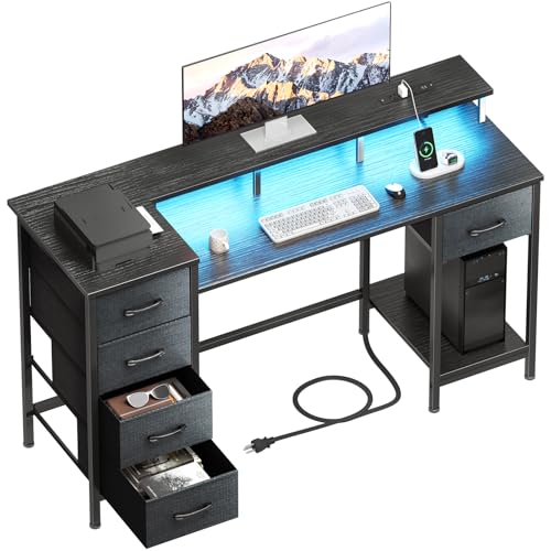 47 Inch Computer Gaming Desk with Power Outlets LED Lights and Storage Drawers I77165