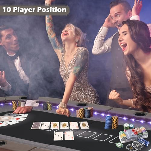 LED Poker Table, 10 Player Foldable Texas Holdem with LED Lights, USB Ports, Cup Holders A93805
