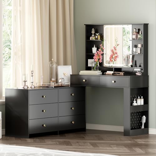Large Makeup Vanity Desk with Mirror and Lights, 8 Drawers, Power Outlet B666