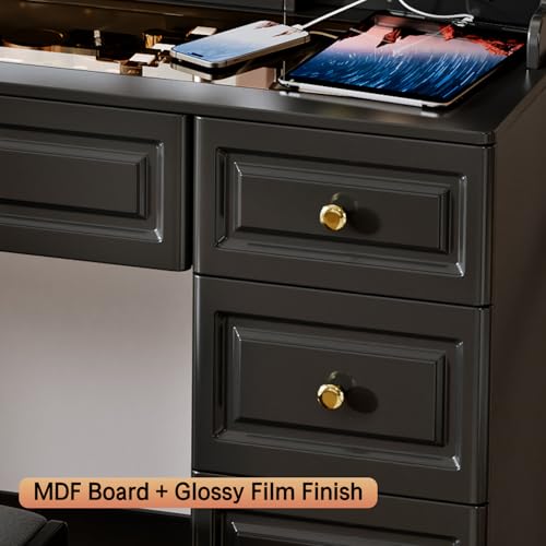 Makeup Vanity Desk with Mirror and Lights, Glass Top, 9 Drawers M5813