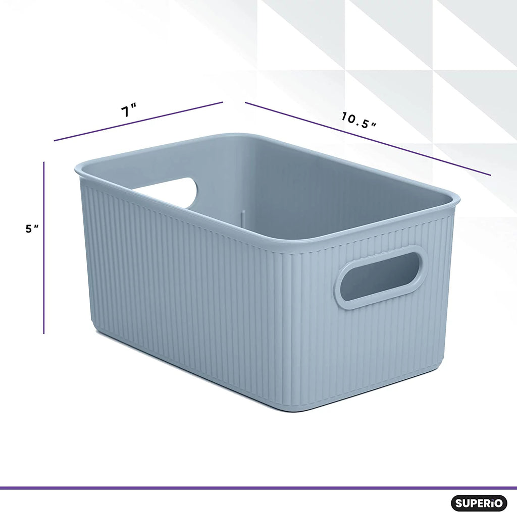 Ribbed Plastic Storage Basket Organizer (6 Pack), Stackable Closet Storage Bin, Blue, 5 Liter C6139
