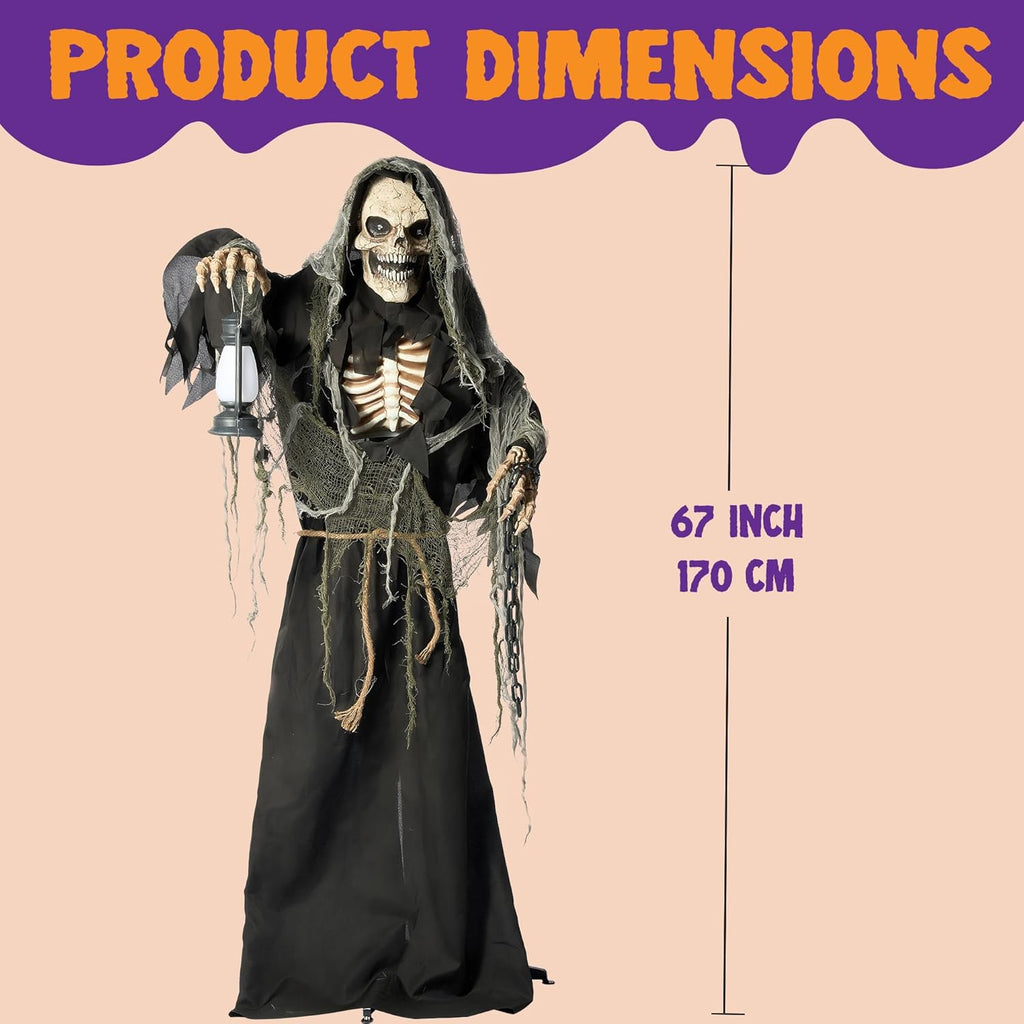 Halloween Animatronics Standing Grim Reaper Decoration with Light-Up Eyes and Moving Arms K979928