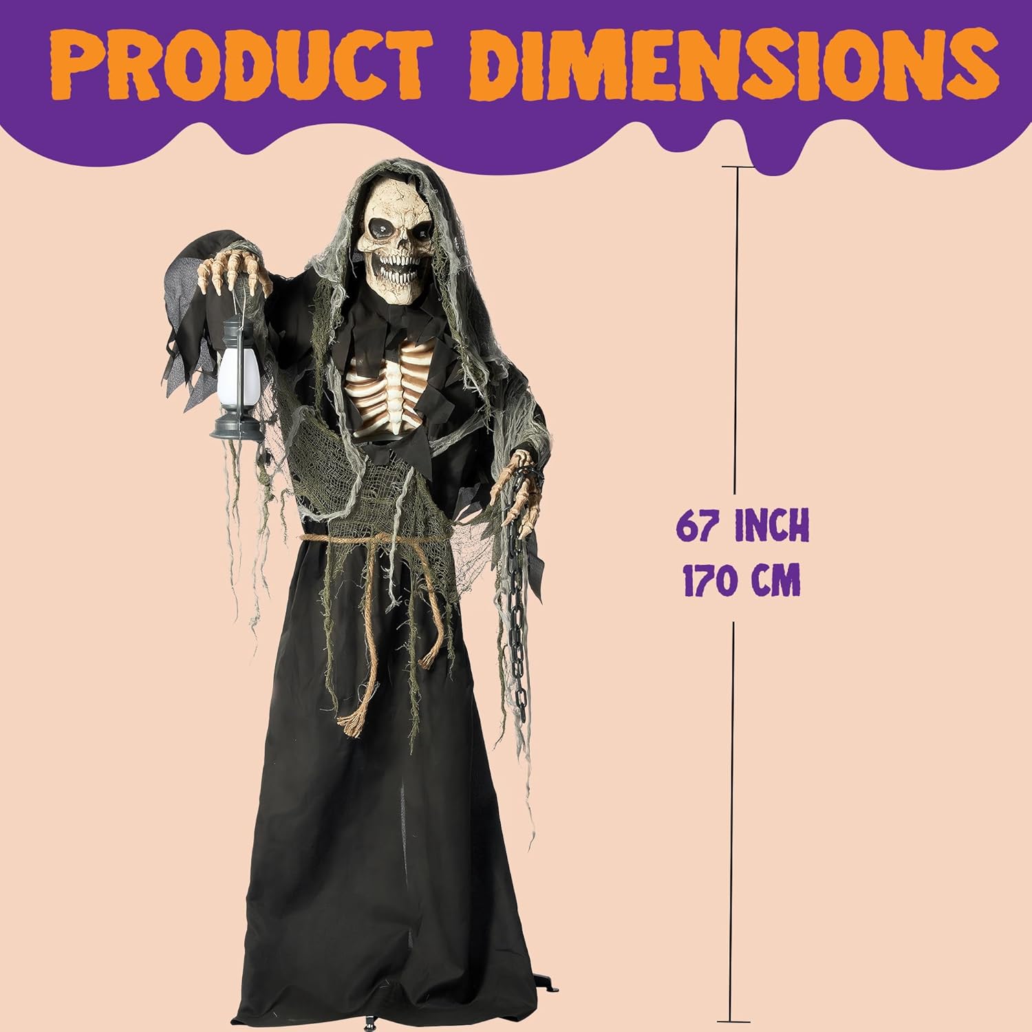 Halloween Animatronics Standing Grim Reaper Decoration with Light-Up Eyes and Moving Arms K979928