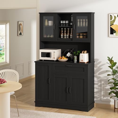 Freestanding Kitchen Pantry Cabinet with Microwave Stand, 4 Doors, Adjustable Shelves and Wine Rack C21265
