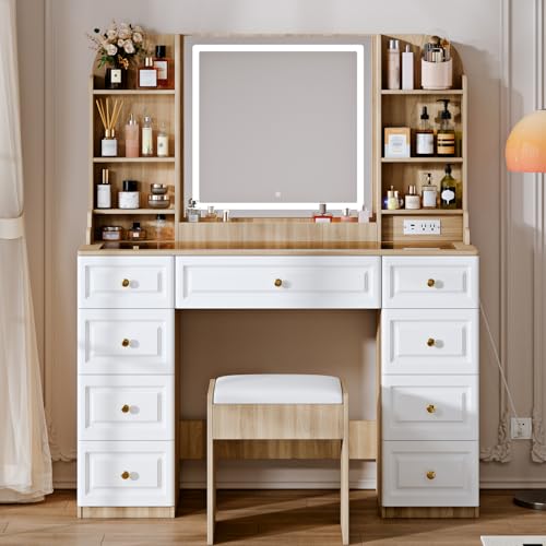 Makeup Vanity Desk with Mirror and Lights, Glass Top, 9 Drawers M5813