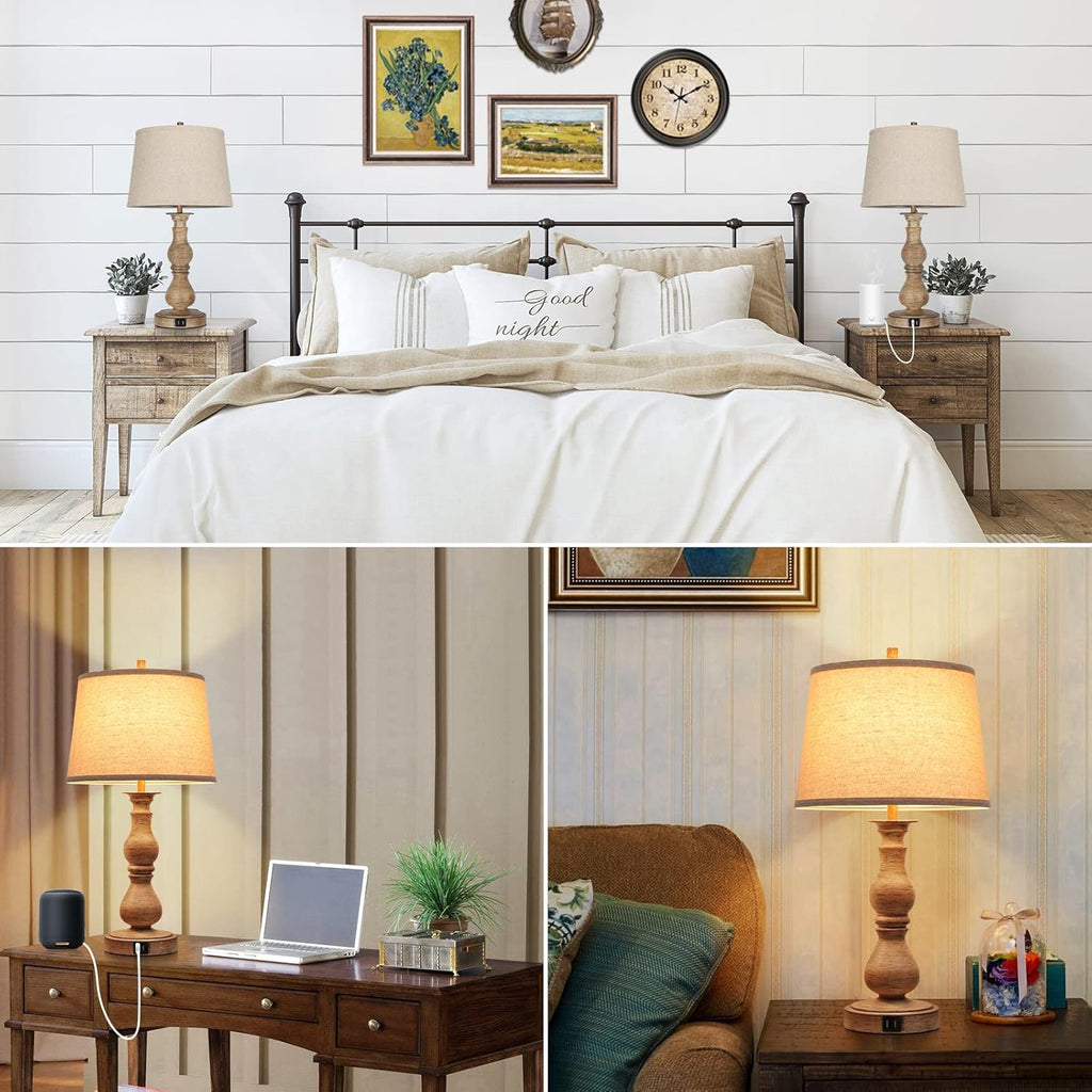 Set of 2 Touch Control Table Lamps with USB Ports, Dimmable, Cream Shades C7072