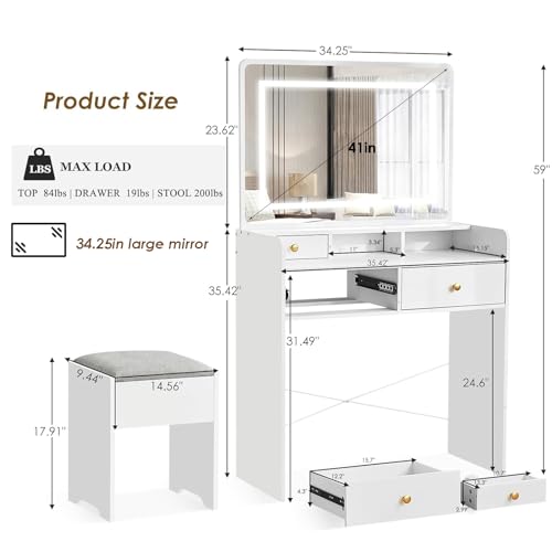 Vanity Desk with Mirror and Lights, Makeup Table with Drawers and Stool B20199